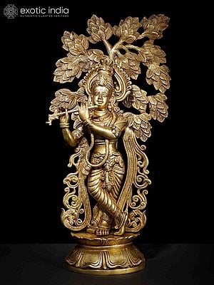 23" Lord Krishna Playing Flute Under The Tree | Brass Statue