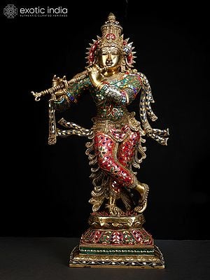26" Superfine Lord Krishna Playing Flute | Brass Statue with Inlay Work
