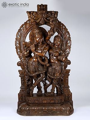 78" Large Standing Radha Krishna on Kirtimukha Throne | Wood Carved Statue