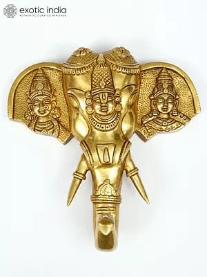 9" Tirupati Balaji (Venkateshvara) with Sridevi and Bhudevi Carved on Elephant Head | Wall Hanging | Brass Statue