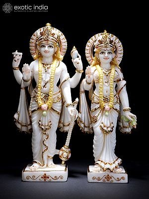 18" Standing Vishnu - Lakshmi in Blessing Gesture | Set of Two | White Marble Statues