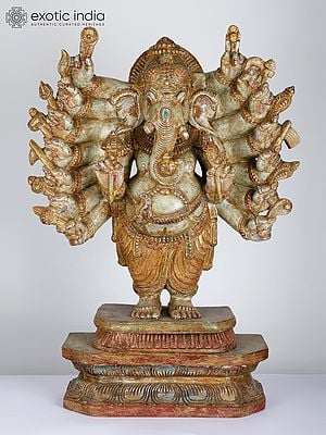 37" Large Sixteen Armed Standing Lord Ganesha | Wood Carved Statue
