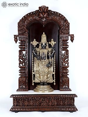 78" Large Designer Wooden Temple with Tirupati Balaji (Venkateshvara) Statue in Brass