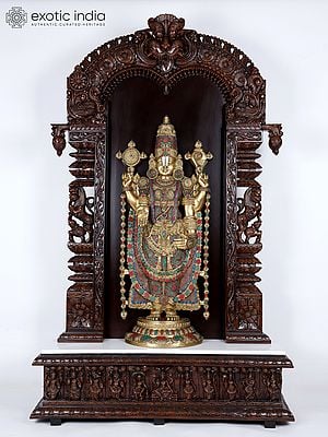 78" Large Designer Wooden Temple with Tirupati Balaji (Venkateshvara) Statue in Brass with Inlay Work