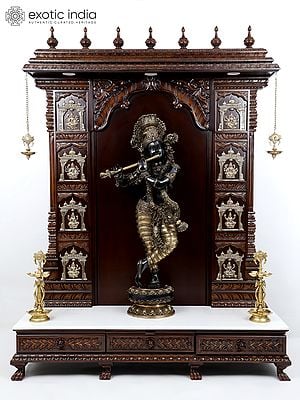 74" Large Ashtalakshmi Designer Temple with Superfine Lord Krishna Statue in Brass