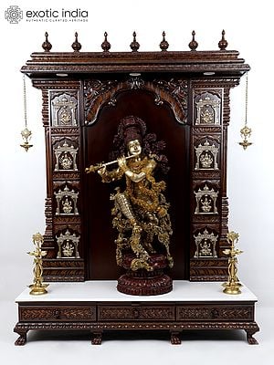 74" Large Ashtalakshmi Designer Temple with Superfine Fluting Krishna Statue in Brass
