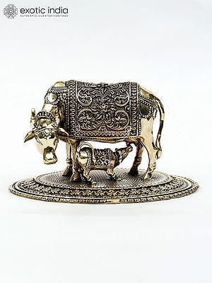 6" Small Superfine Cow and Calf Statue in Brass