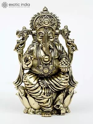 3" Small Superfine Chaturbhuja Lord Ganesha Seated on Lotus | Brass Statue