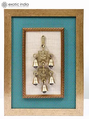 18" Wood Framed Lakshmi Ganesha Bells in Brass | Wood Framed | Wall Hanging