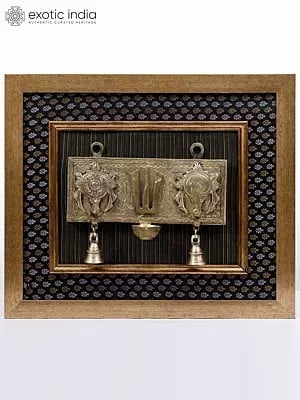19" Vaishnava Symbols (Chakra, Tilak and Shankh) with Bells and Diya | Wood Framed Brass Sculpture | Wall Hanging