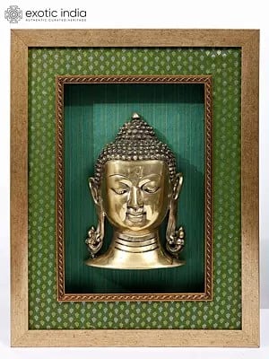22" Lord Buddha Head | Wood Framed Brass Sculpture | Wall Hanging