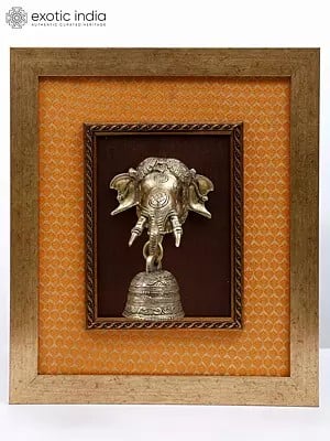 15" Ganesha Bell in Brass | Wood Framed | Wall Hanging