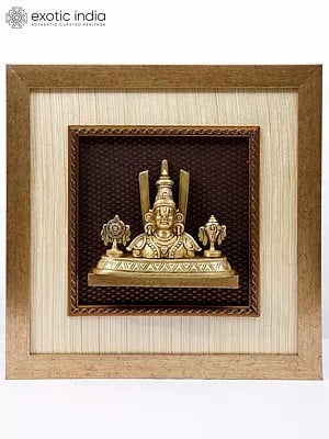 16" Tirupati Balaji (Venkateshvara) Statue with Vaishnava Symbols | Wood Framed Brass Sculpture | Wall Hanging