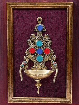 17" Wood Framed Peacocks Lamp in Brass with Inlay Work | Wall Hanging