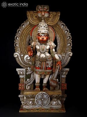 48" Large Blessing Lord Hanuman Standing on Kirtimukha Throne | Wood Carved Statue