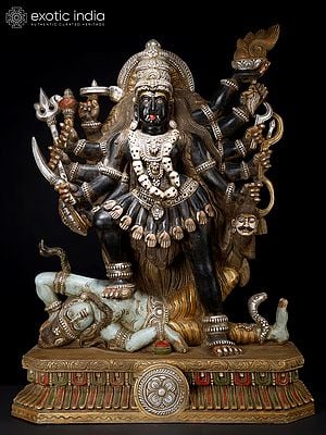 44" Large Mother Goddess Kali Standing on Lord Shiva | Wood Carved Statue