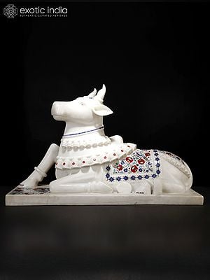 35" Large Size Superfine Nandi - Vahana of Lord Shiva | White Marble Statue with Inlay Work