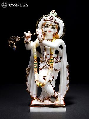 8" Lord Krishna Playing Flute | White Marble Statue