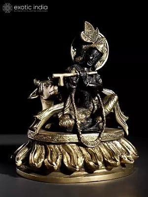 8" Murli Manohar Krishna Seated with Cow | Brass Statue