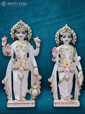 10" Goddess Lakshmi And Lord Narayan Statue | White Makrana Marble Idol
