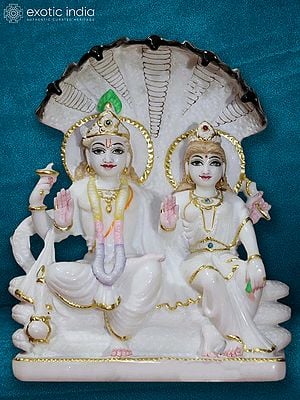 10" Lakshmi Narayan Seated On Sheshnag | White Makrana Marble Statue