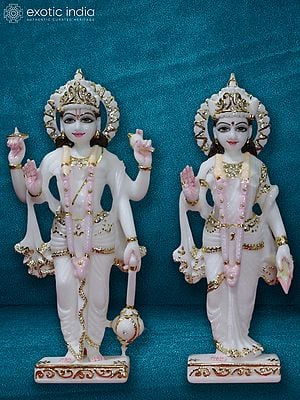 12" Chaturbhuj Lord Vishnu With Lakshmi | White Makrana Marble Sculpture