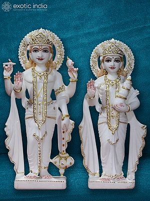 12" Lord Vishnu And Goddess Lakshmi In Blessing Posture | White Makrana Marble Idol