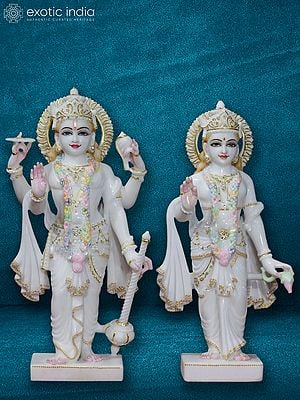 18" Goddess Lakshmi And Lord Narayan With Flower Garland | White Makrana Marble Idol