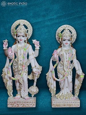 24" Lakshmi Narayan Adorned With Precious Ornaments | White Makrana Marble Statue