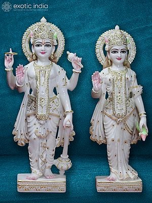 27" Chakradhari Vishnu With Goddess Lakshmi | White Makrana Marble Figurine