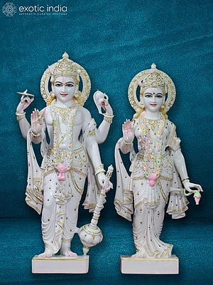 39" Divine Statue Of Lord Vishnu And Goddess Lakshmi | White Makrana Marble Idol