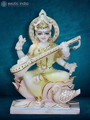 12" Seated Goddess Saraswati Sculpture | White Makrana Marble Idol