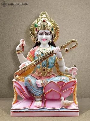 24" Multi Colored Statue Of Goddess Saraswati | White Makrana Marble Idol