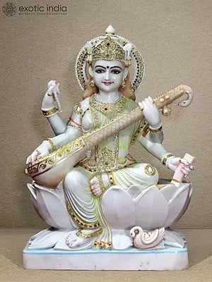 30" Four Armed Goddess Saraswati Idol | White Makrana Marble Statue