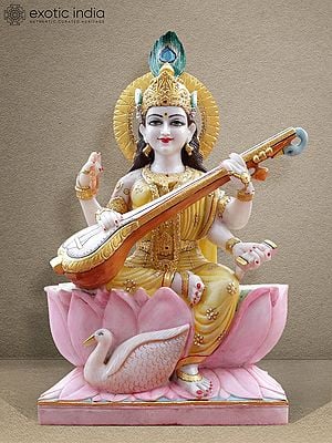 36" Idol Of Goddess Saraswati Seated On Blooming Lotus | White Makrana Marble Figurine