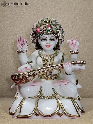 9" Goddess Saraswati Seated Posture On Kamalasana | Super White Makrana Marble Idol