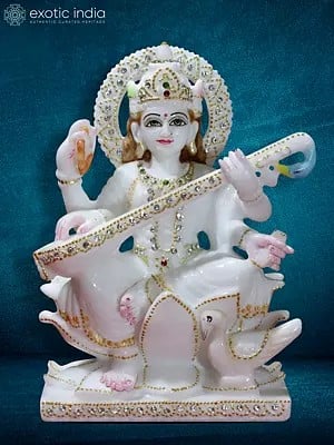 9" Goddess Saraswati Statue With Swan | Super White Makrana Marble Figurine