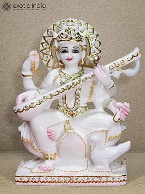 9" Statue Of Goddess Saraswati Holding Sitar | Super White Makrana Marble Statue