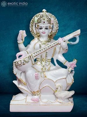 12" Chaturbhuja Goddess Saraswati With Sitar | Super White Makrana Marble Sculpture