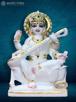 6" Goddess Saraswati In Sitar Playing Mudra | Super White Makrana Marble Statue