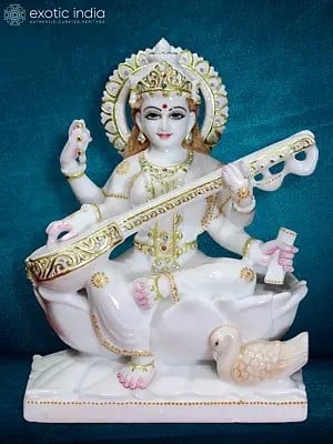 12" Goddess Saraswati Sculpture With Attractive Ornaments | Super White Makrana Marble Idol