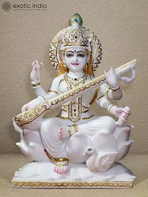 15" The Saraswati - Goddess Of Music | Super White Makrana Marble Figurine