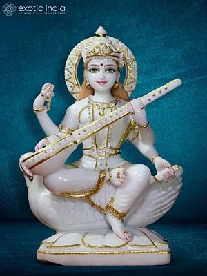 18" Ritual Sculpture Of Goddess Saraswati | Super White Makrana Marble Idol