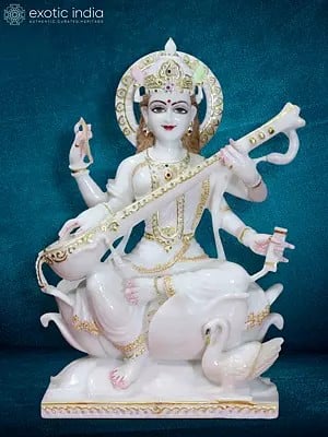 18" The Saraswati - Knowledge And Art Goddess | Super White Makrana Marble Idol