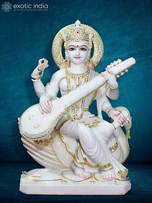 27" Veena Playing Posture Saraswati Statue | Super White Vietnam Marble Idol