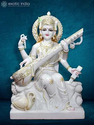 30" Marble Statue Of Goddess Saraswati | Super White Vietnam Marble Figurine