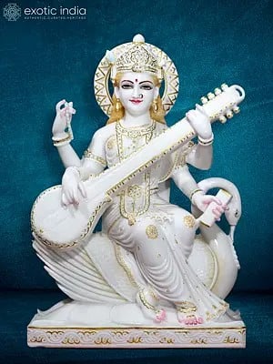 30" Goddess Saraswati Idol Seated On Swan | Super White Vietnam Marble Statue