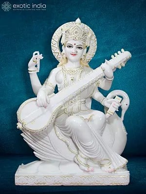 36" The Divine Saraswati | Super White Vietnam Marble Sculpture