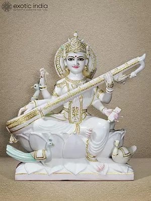 36" Goddess Saraswati Statue With Peacock And Birds | Super White Vietnam Marble Idol