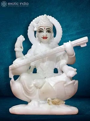 6" White Marble Sculpture Of Goddess Saraswati With Sitar | Super White Makrana Marble Idol